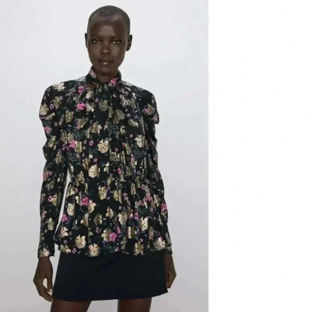 ZARA Women's Size S Black Metallic Thread Floral Printed Long Sleeve Blouse Tie